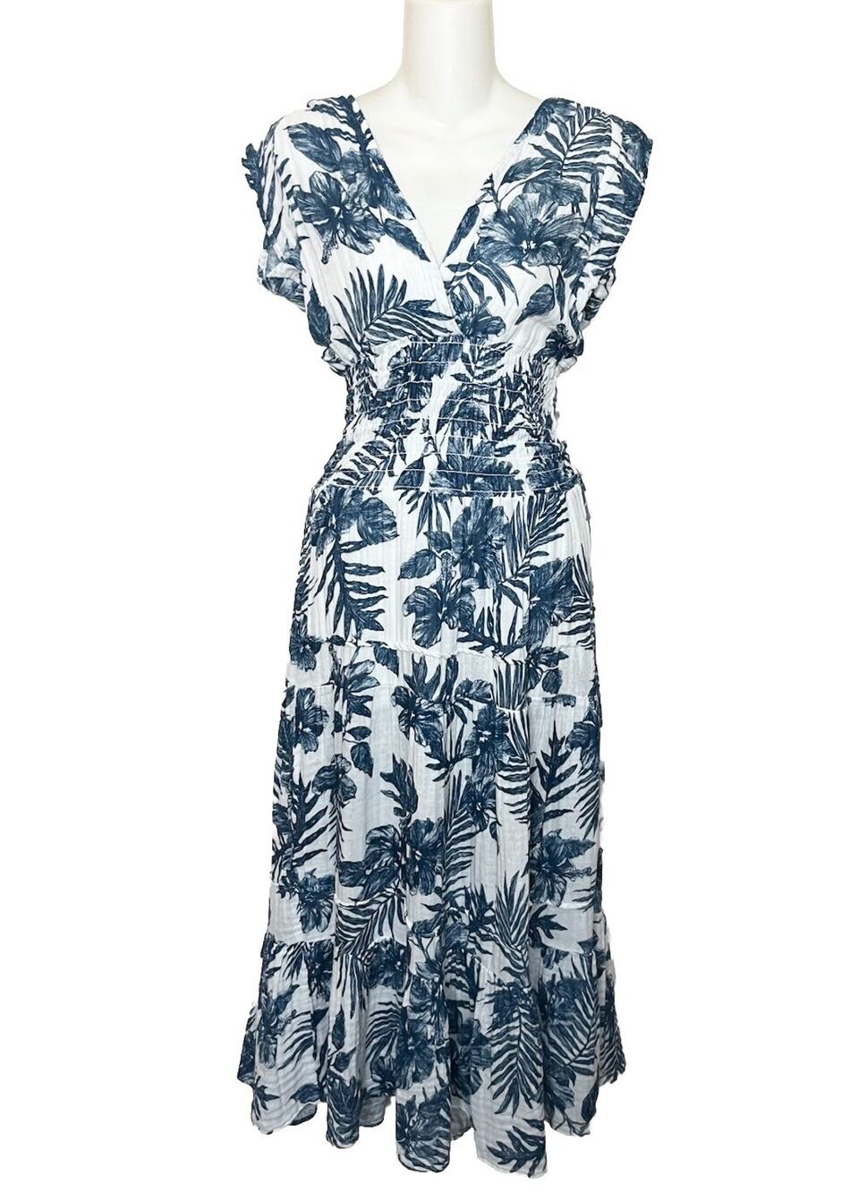 Felicite Smocked Midi Dress Sz 3 (Medium) Floral Palm White Blue Tropical